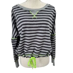 One Step Up Sweater Womens L‎ Gray Black Striped Lime Green Drawstring Y2K